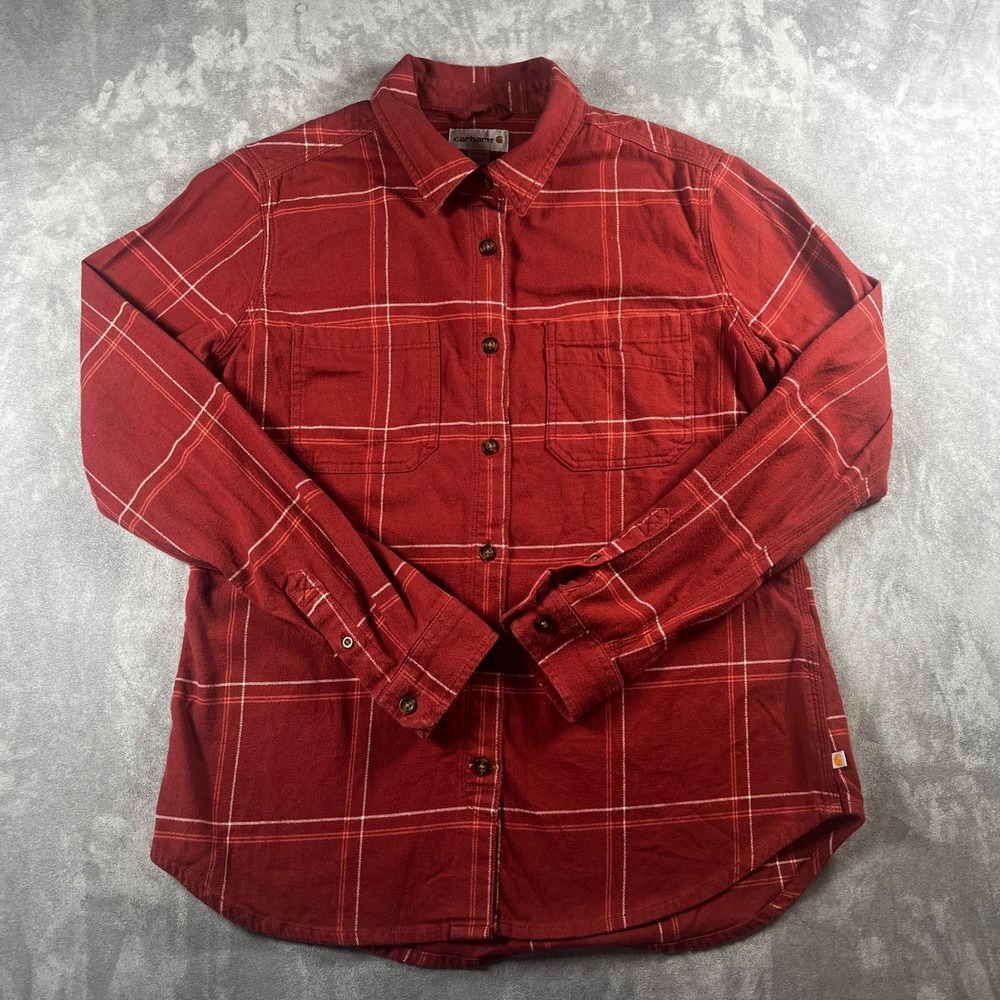 Carhartt Shirt Women's Medium 8-10 Red Rugged Flex Plaid Flannel Loose Button Up